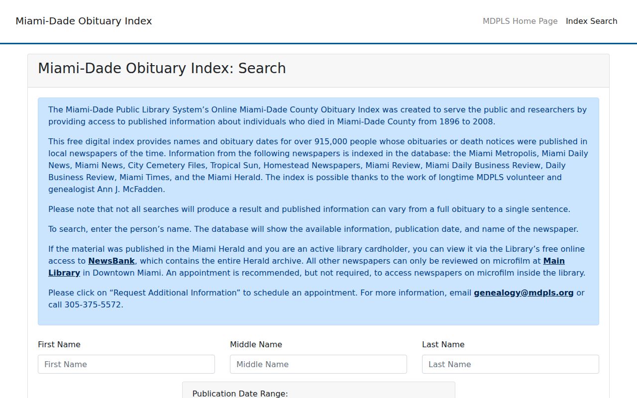Miami-Dade obituary citation index for Miami Gardens family history