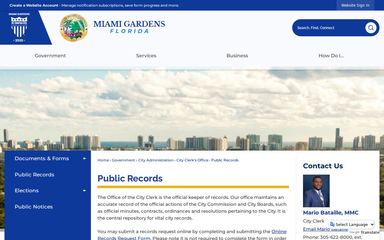 Miami Gardens public records custodian page