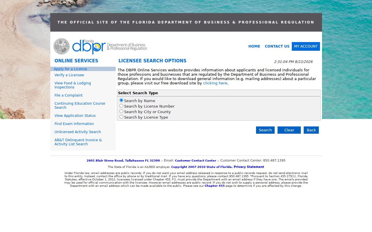Miami Gardens resident lookup with DBPR license verification