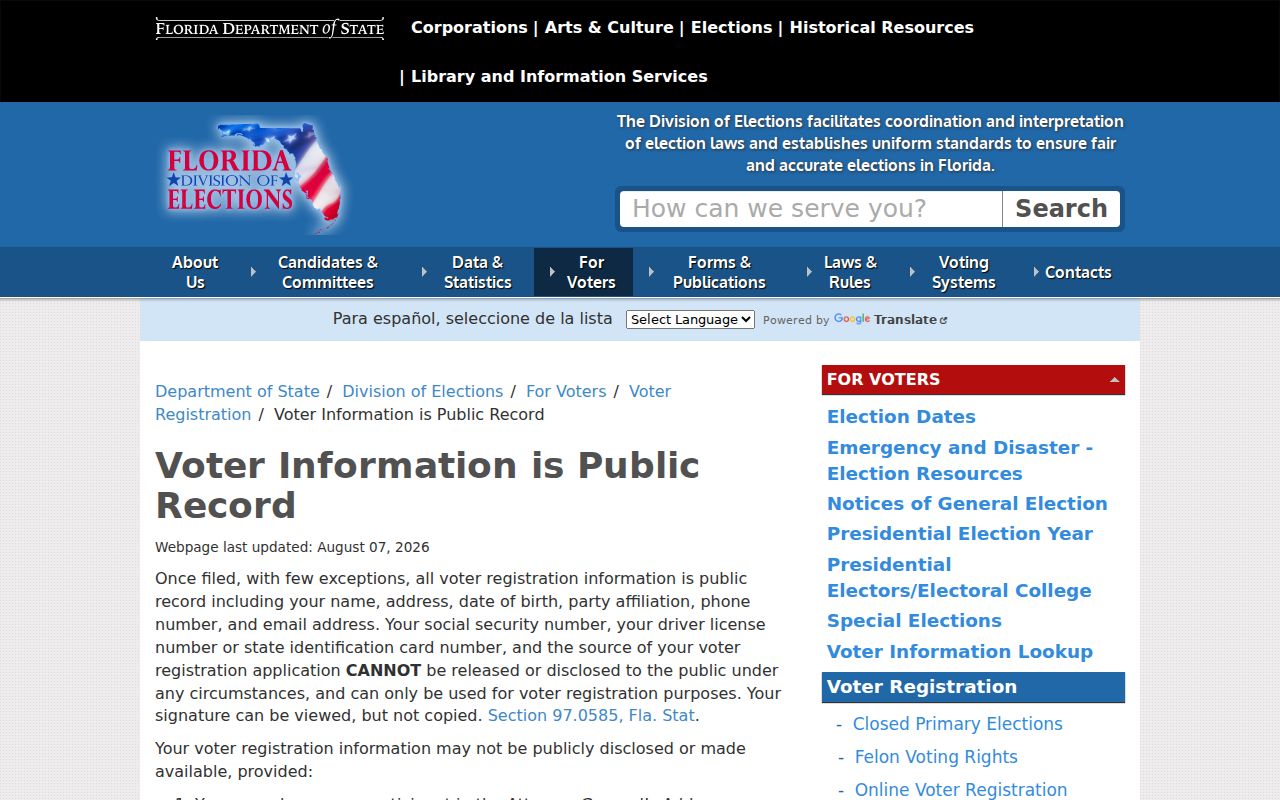 Miami Gardens ZIP code directory Florida voter privacy rules